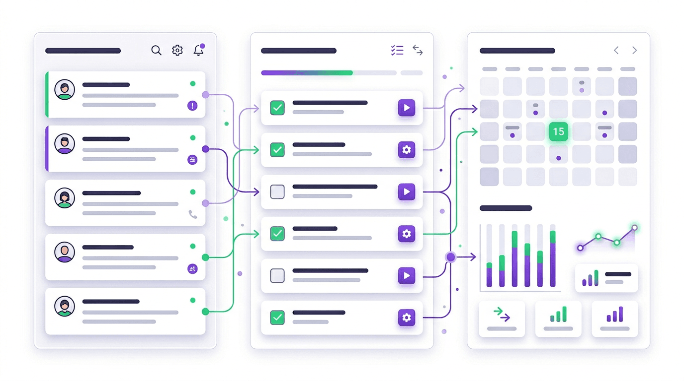 Panel de mensajes, acciones y resultados conectados a un agente de IA